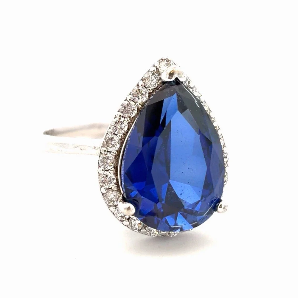 Designer PMJ 925 Sterling Silver Pear Blue Cubic Zirconia White CZ Halo Ring